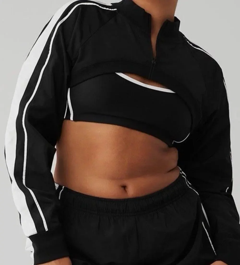 Alo Yoga Racetrack Shrug Black White Crop Jacket Zip Long Sleeve Sz XS